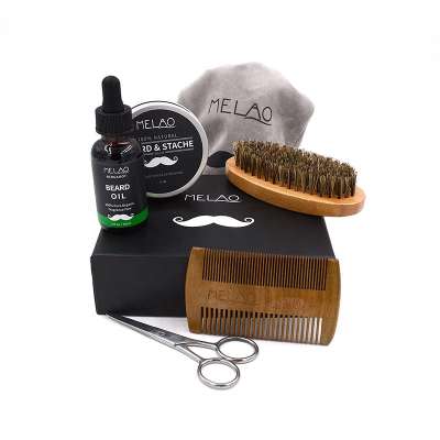 OEM Factory Customized Private Label Beard Kit 100% Natural Pure Boar Men Brush Wooden Comb Balm Beard Growth Oil Set